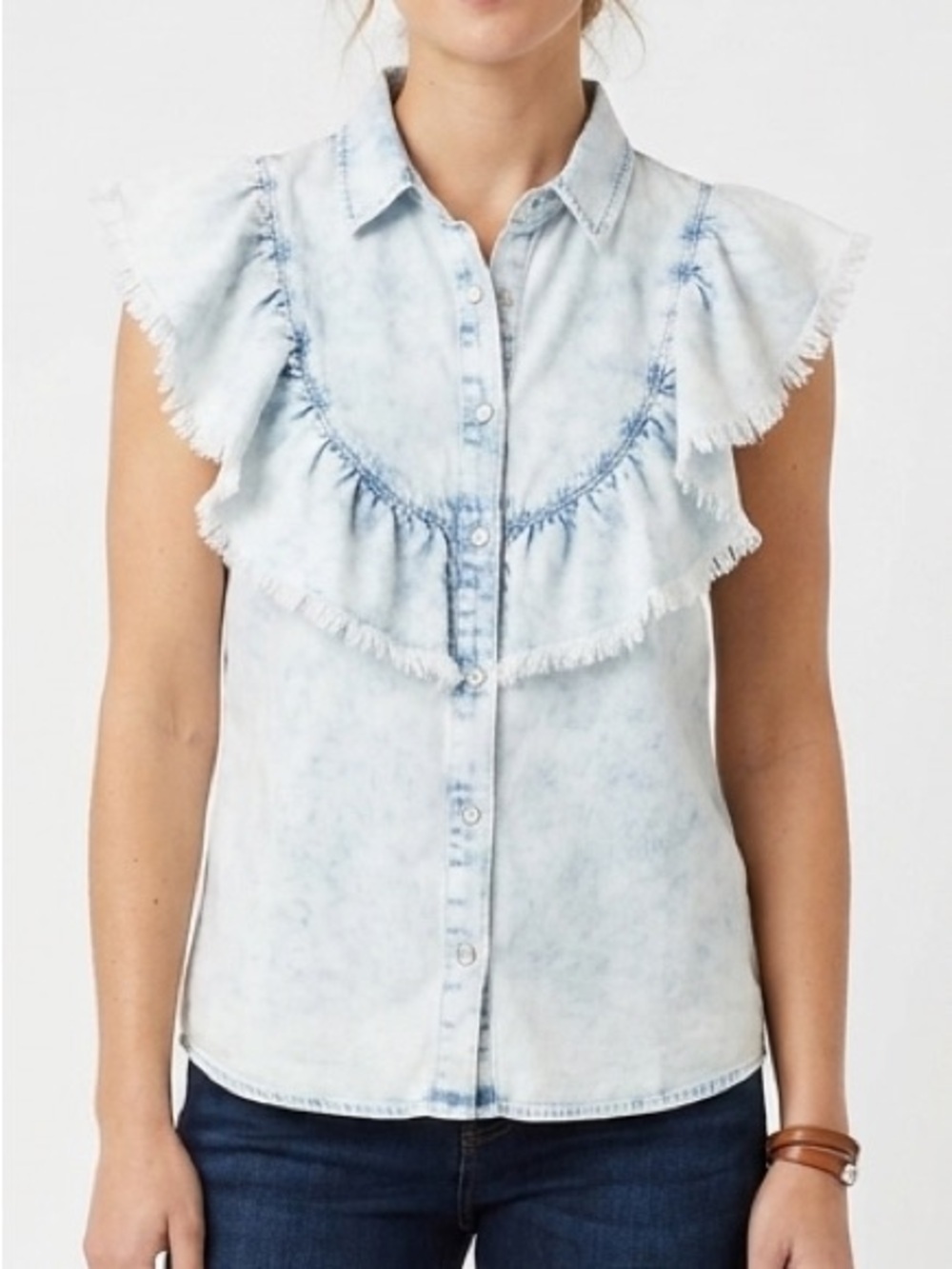 Liverpool Light Blue Denim Ruffle Button-Up Top Size M